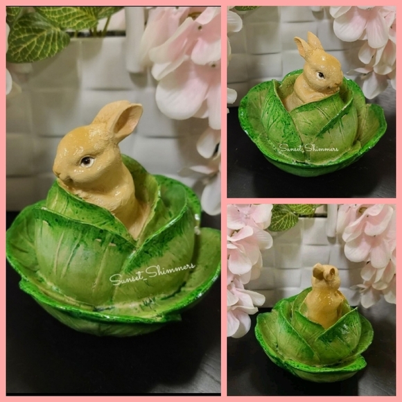Spring Easter Bunny Rabbit In Cabbage Leaf Figurine Tier Tray Decor New - Picture 1 of 6